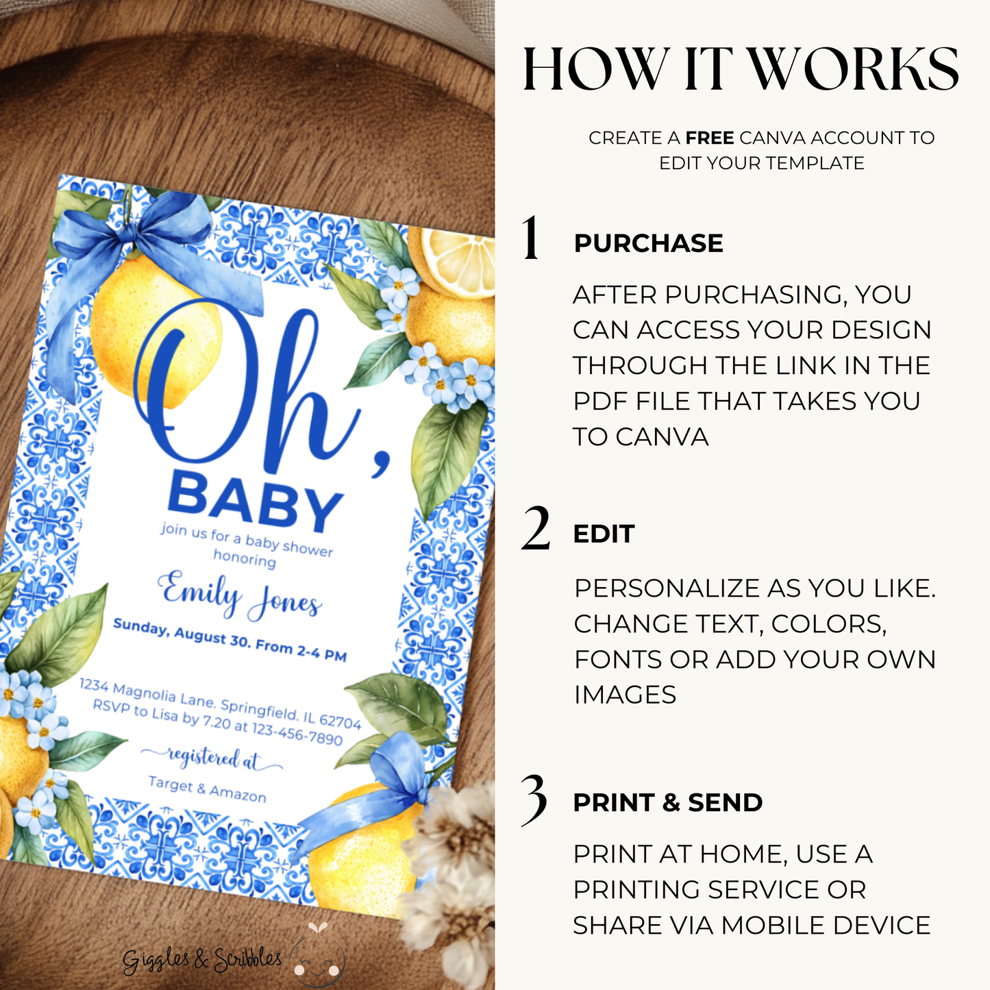 Baby Shower Invitation - Lemon Blue Mediterranean Tiles BS103