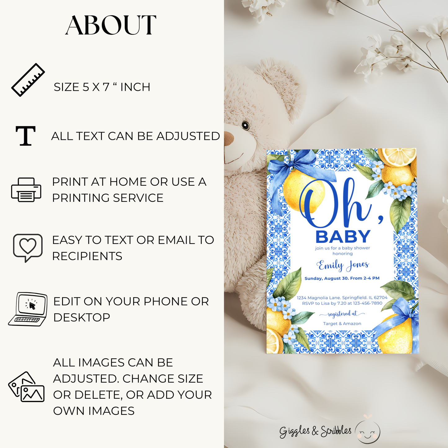 Baby Shower Invitation - Lemon Blue Mediterranean Tiles BS103
