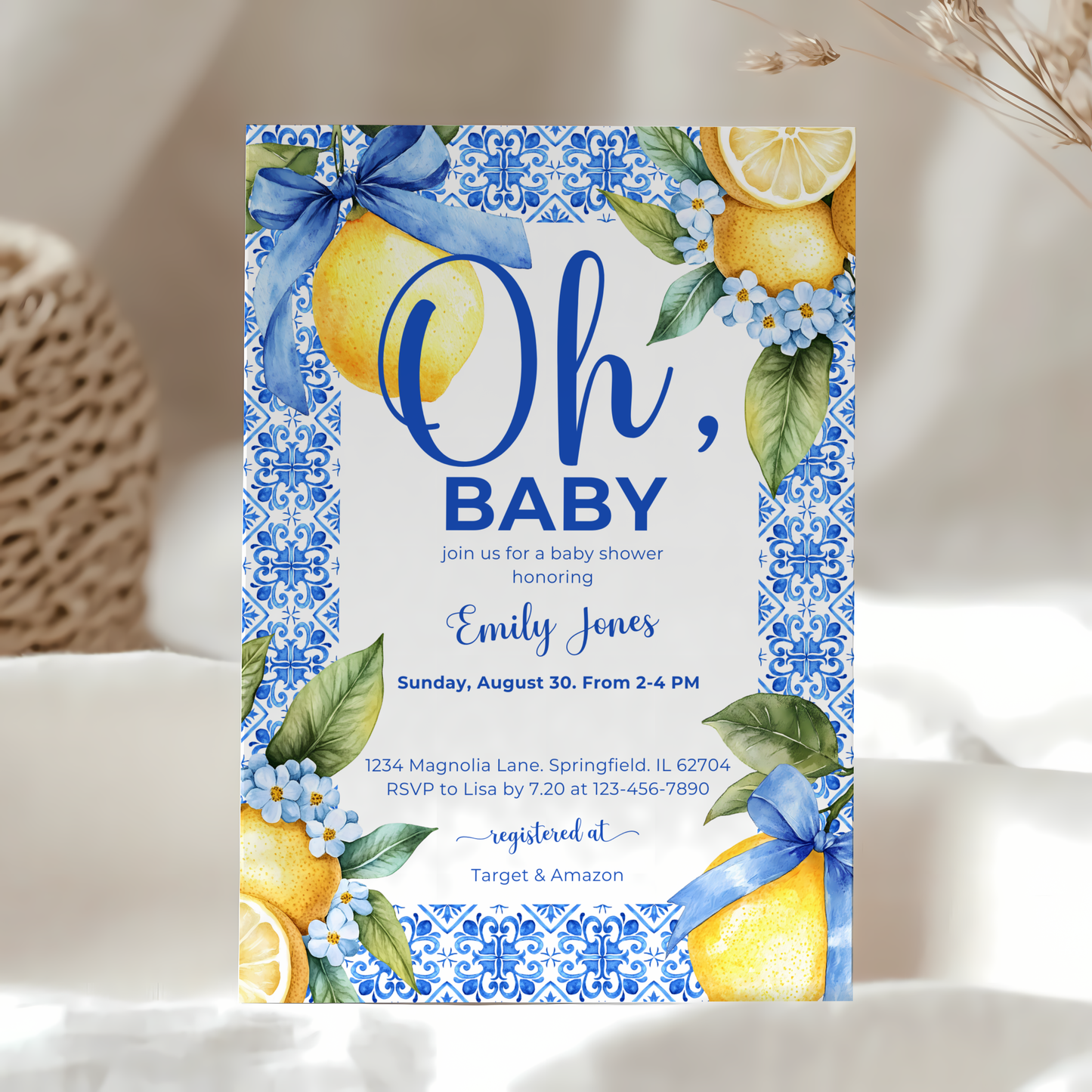 Baby Shower Invitation - Lemon Blue Mediterranean Tiles BS103