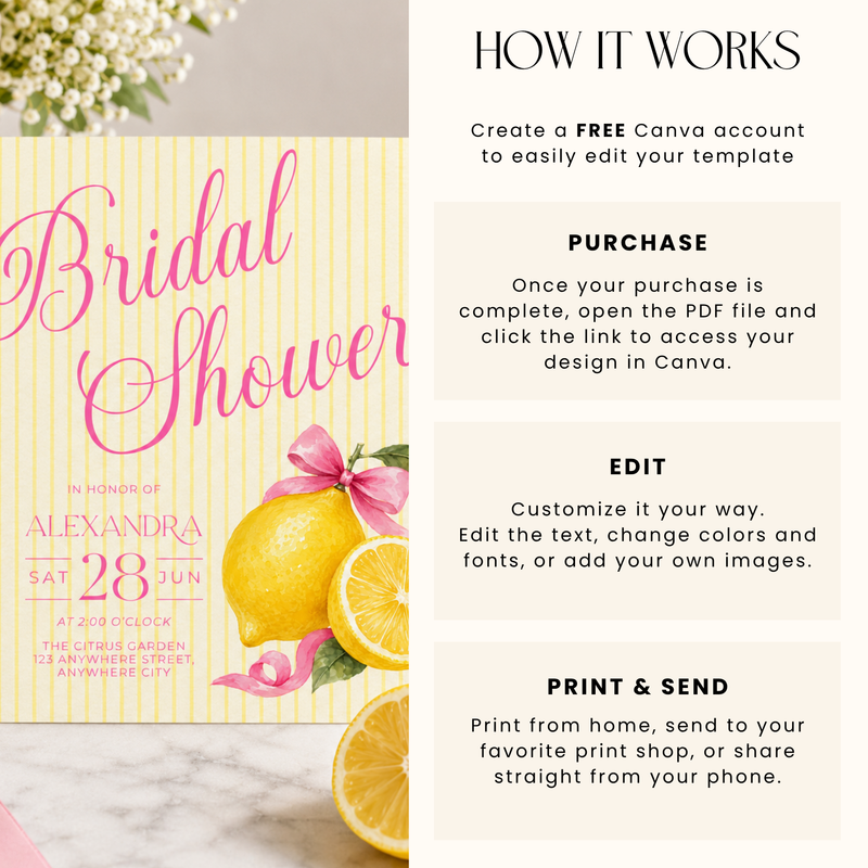 Pink Lemon Bridal Shower Invitation Template L156