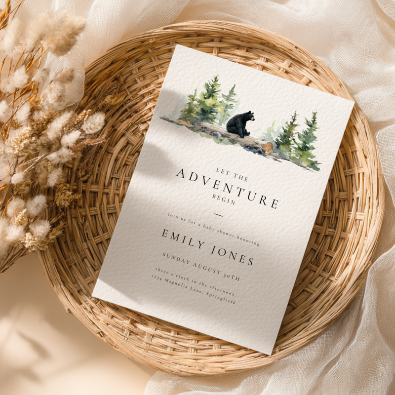 Baby Shower Invitation - Let The Adventure Begin Woodland Bear BS197