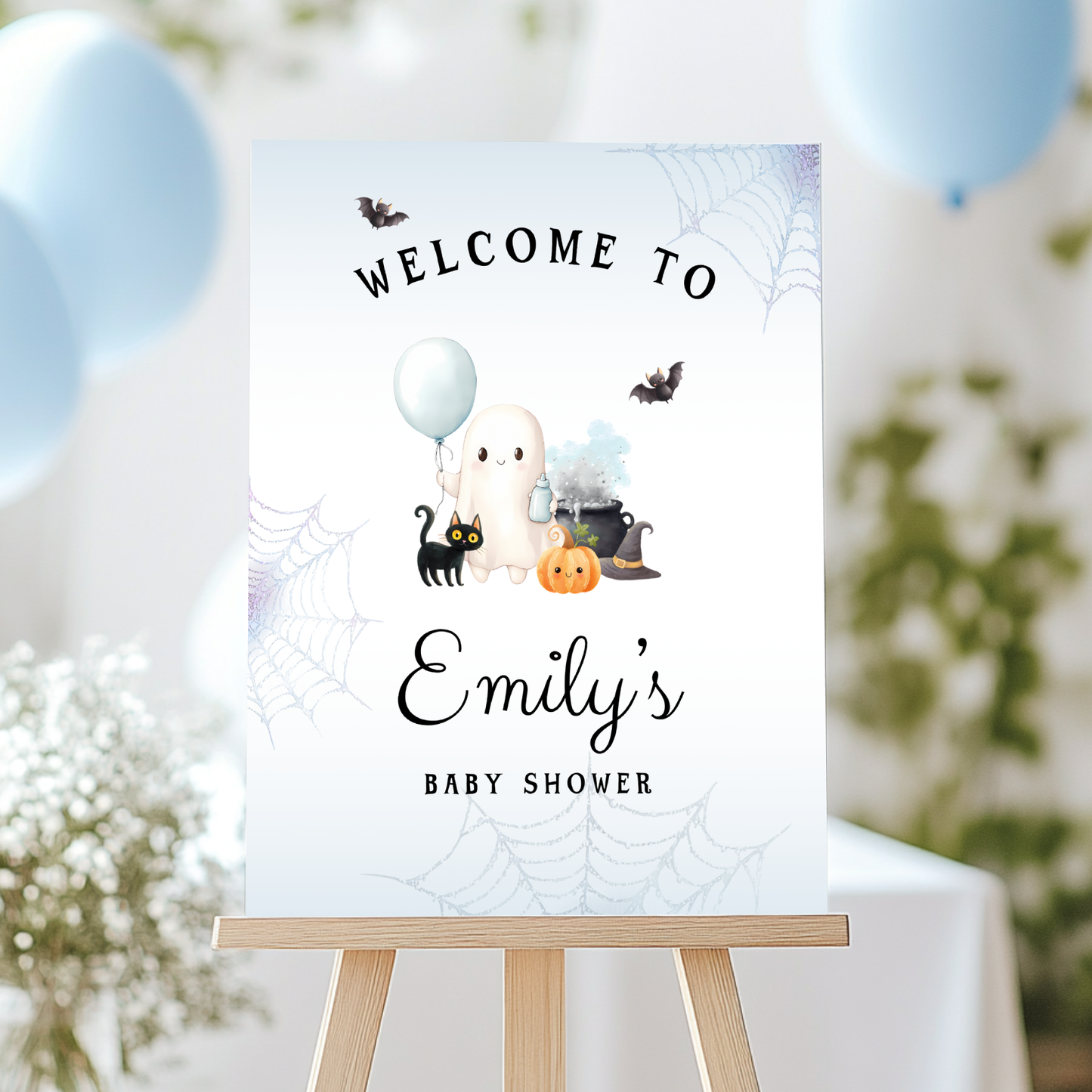 Baby Shower Welcome Sign - Blue Little Boo Halloween Ghost BS190