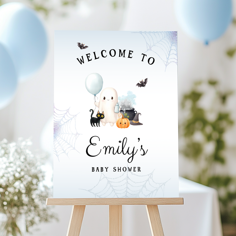Baby Shower Welcome Sign - Blue Little Boo Halloween Ghost BS190
