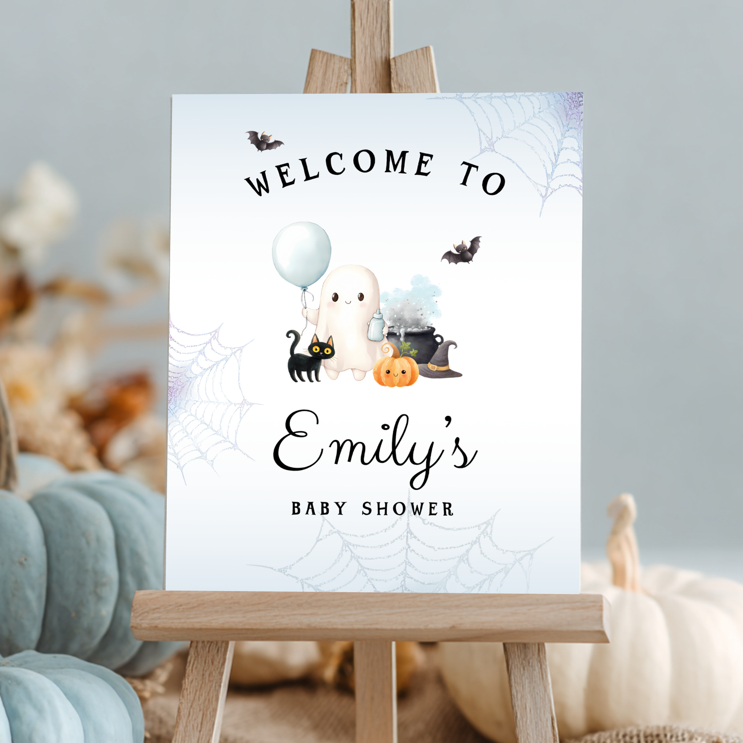 Baby Shower Welcome Sign - Blue Little Boo Halloween Ghost BS190