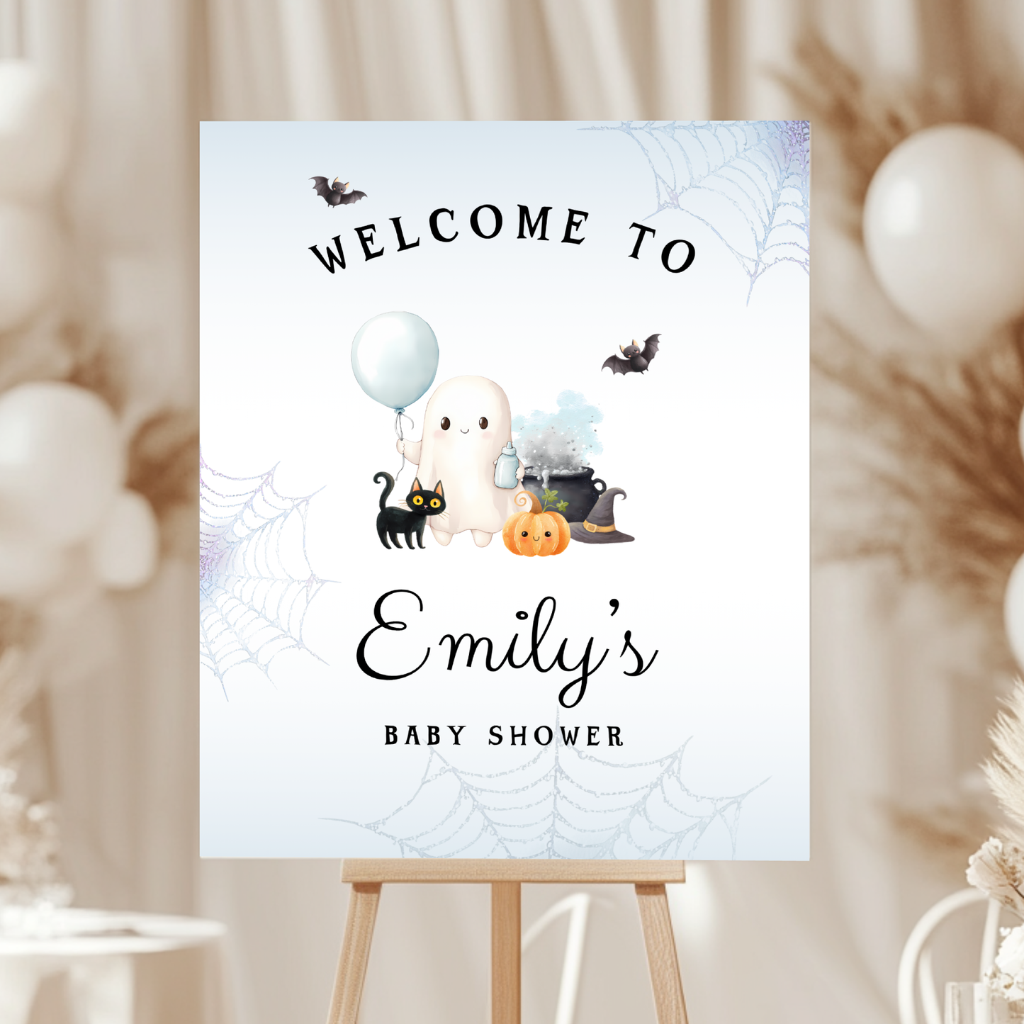 Baby Shower Welcome Sign - Blue Little Boo Halloween Ghost BS190