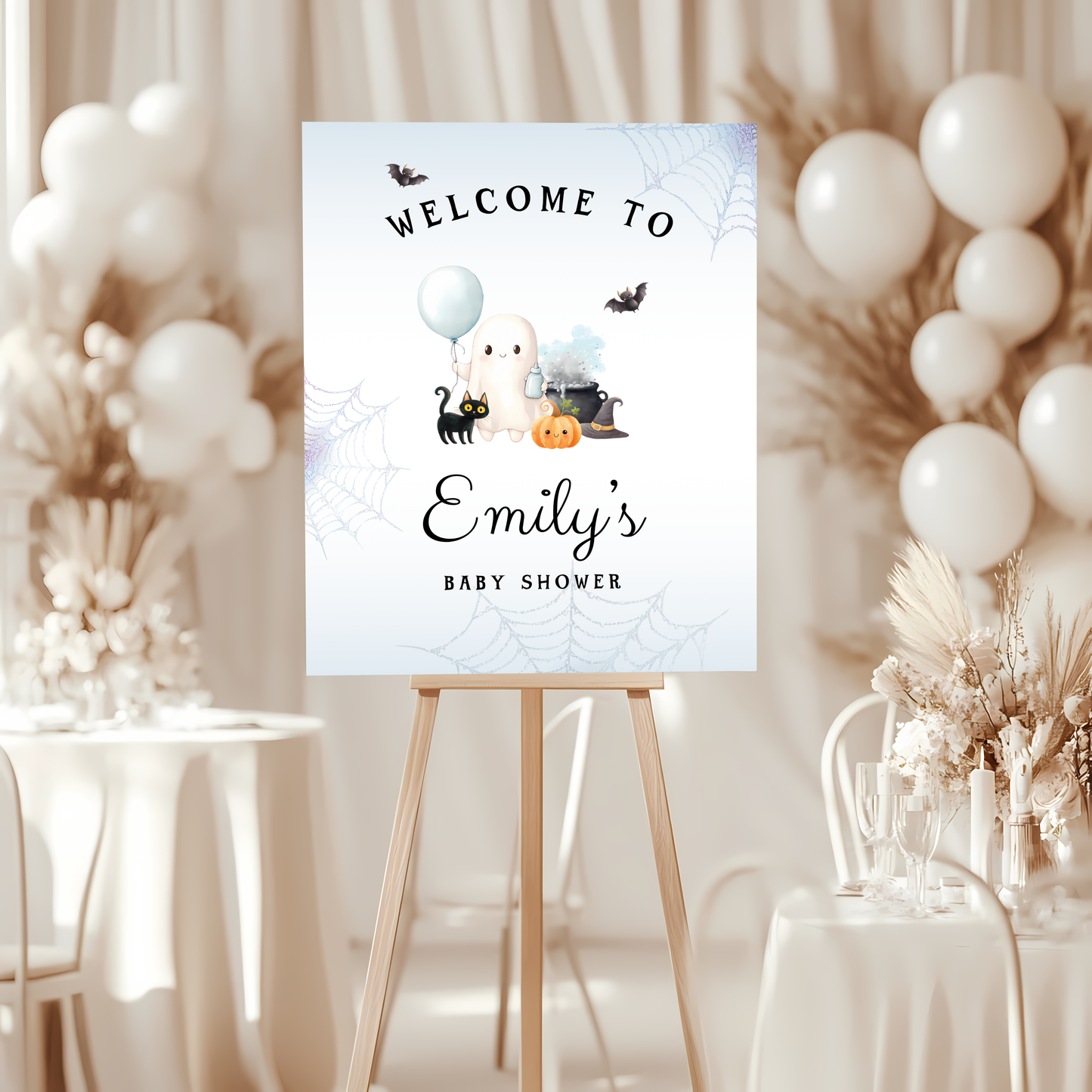 Baby Shower Welcome Sign - Blue Little Boo Halloween Ghost BS190