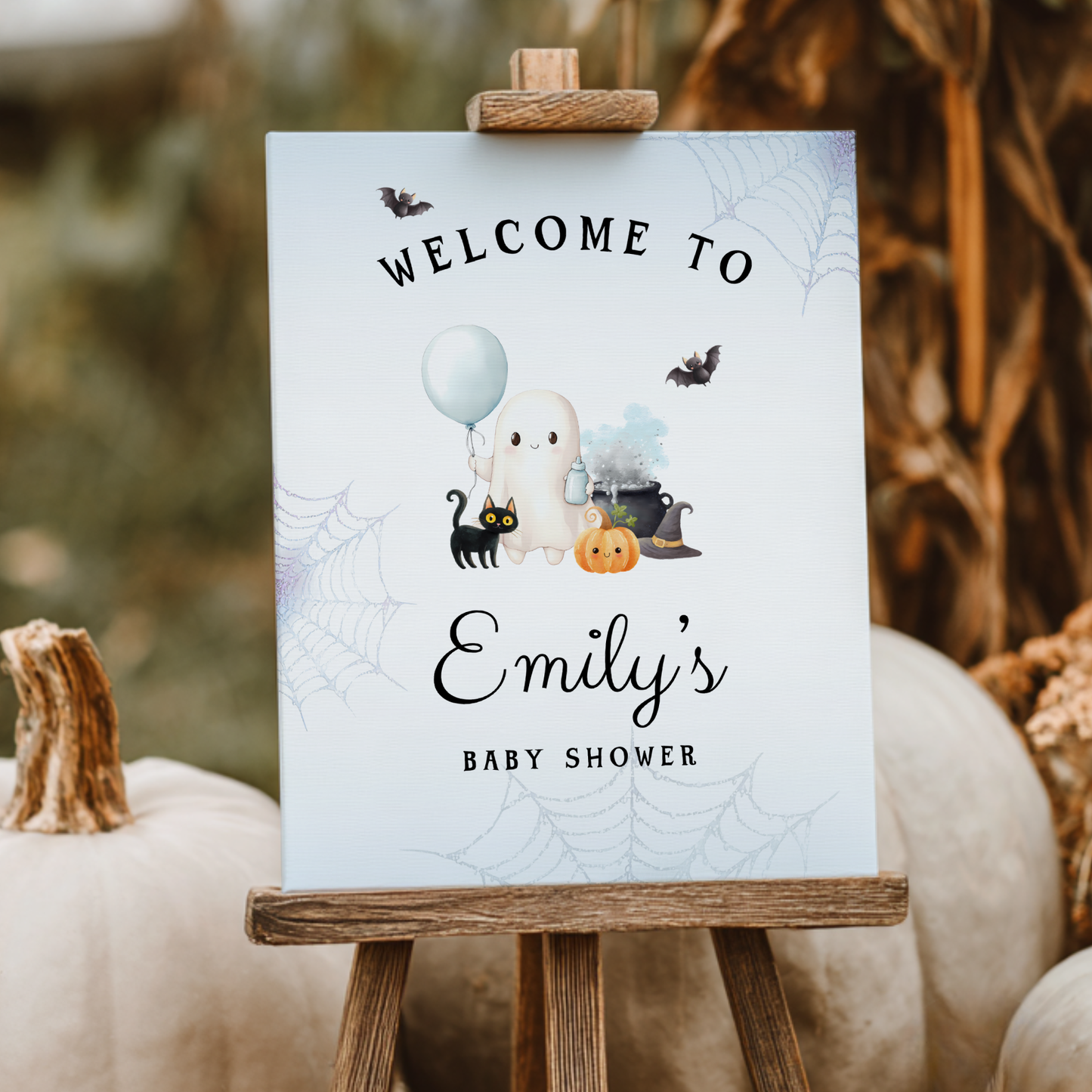 Baby Shower Welcome Sign - Blue Little Boo Halloween Ghost BS190