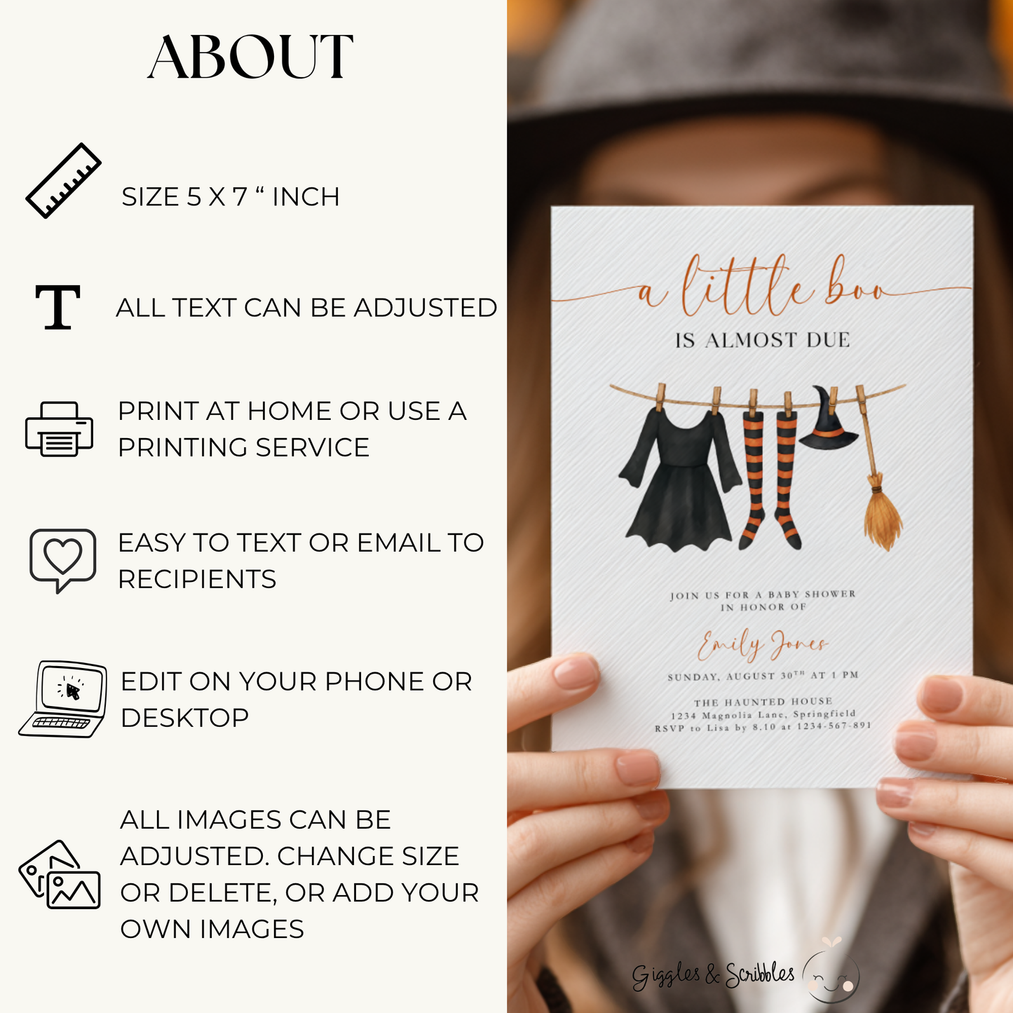 Baby Shower Invitation - Halloween Witch Costume Baby Clothes BS223
