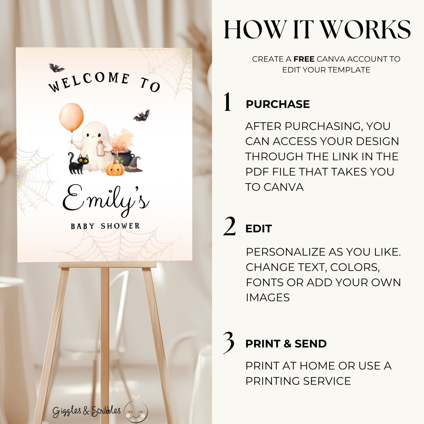Baby Shower Welcome Sign - Little Boo Cute Halloween Ghost BS190