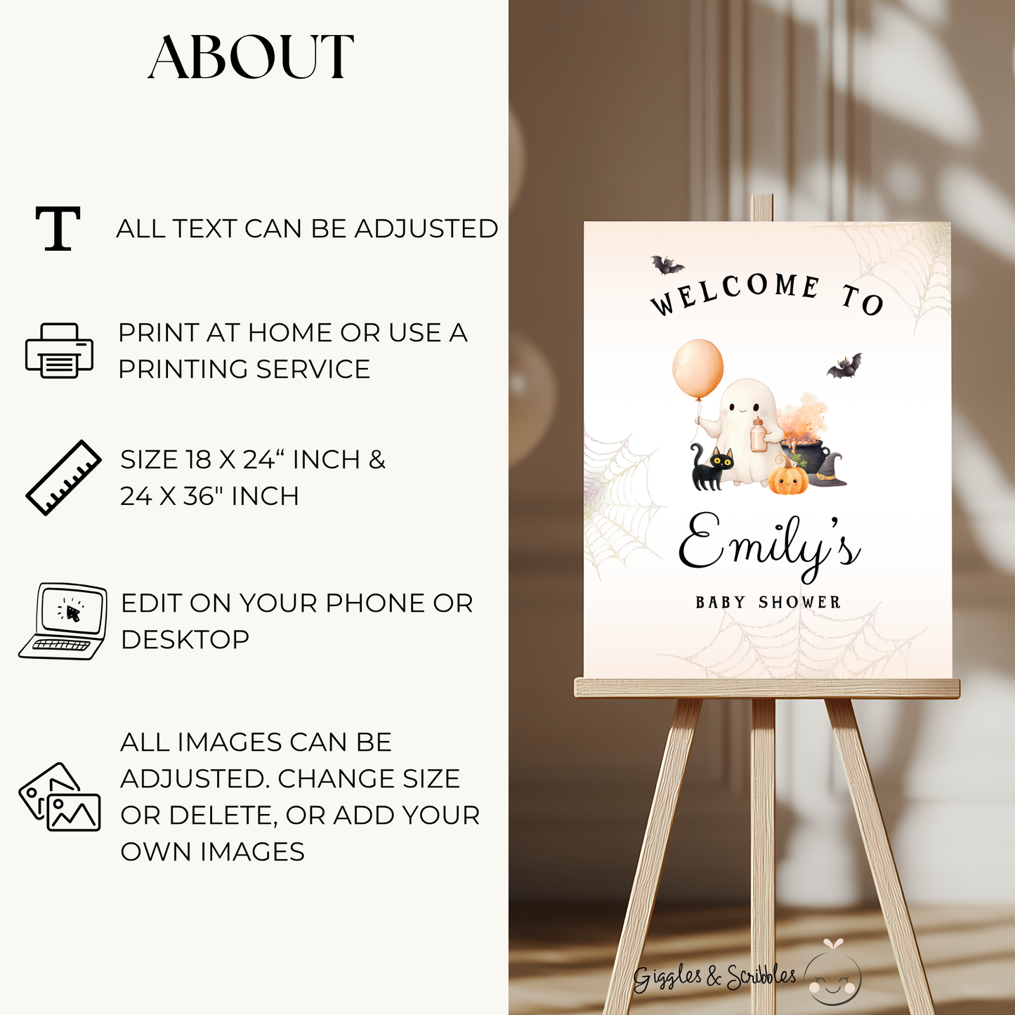Baby Shower Welcome Sign - Little Boo Cute Halloween Ghost BS190