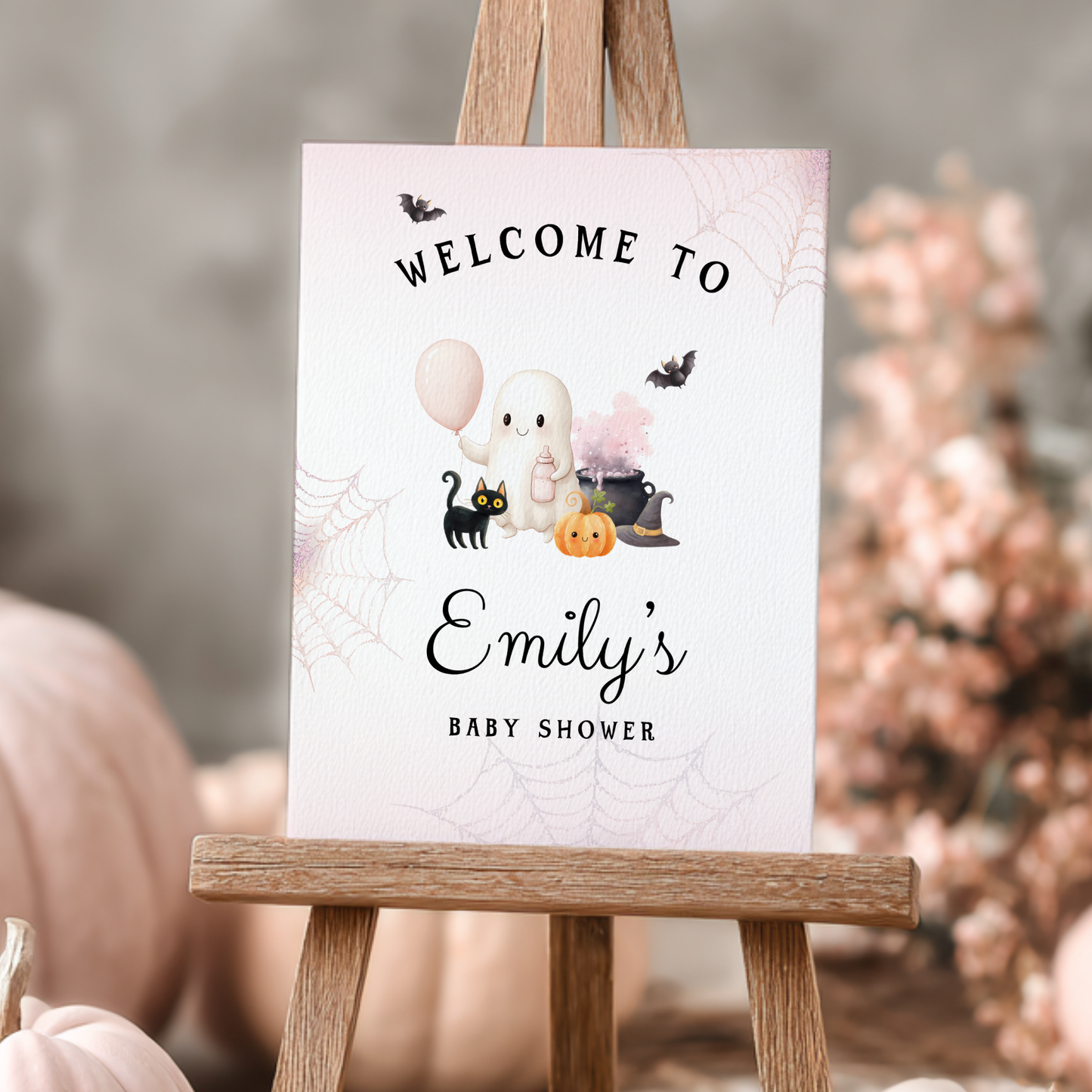 Baby Shower Welcome Sign - Pink Halloween Little Boo with Cute Ghost BS190