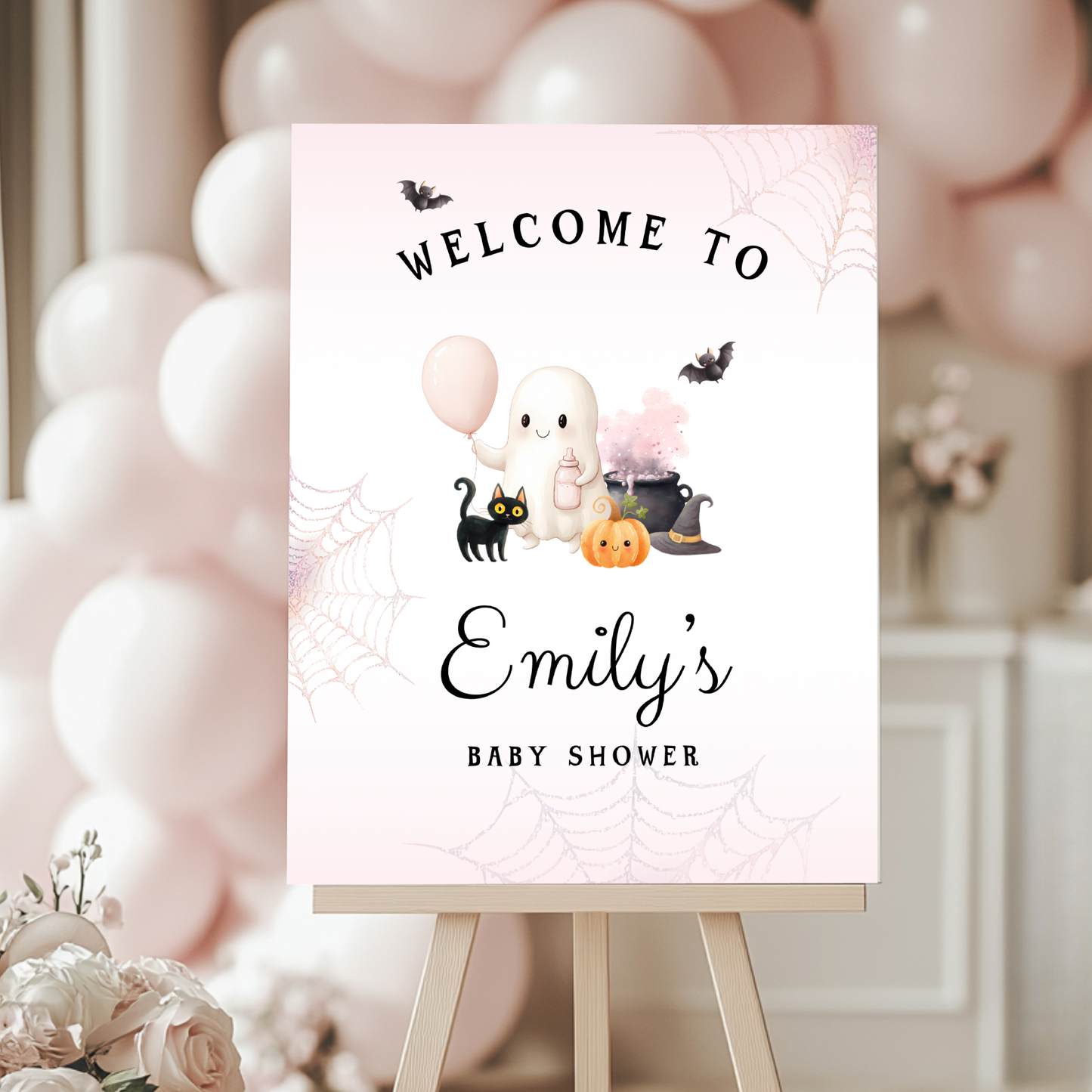 Baby Shower Welcome Sign - Pink Halloween Little Boo with Cute Ghost BS190