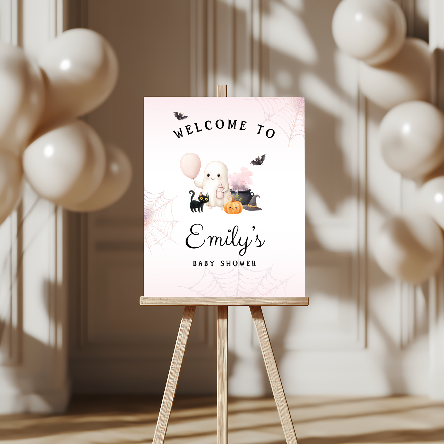 Baby Shower Welcome Sign - Pink Halloween Little Boo with Cute Ghost BS190