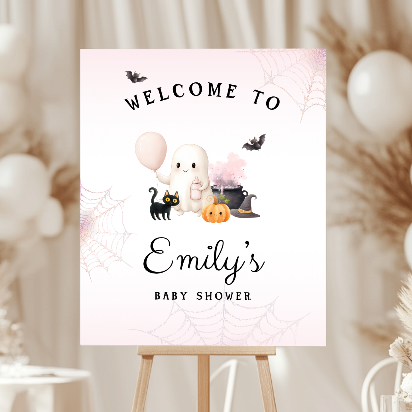Baby Shower Welcome Sign - Pink Halloween Little Boo with Cute Ghost BS190