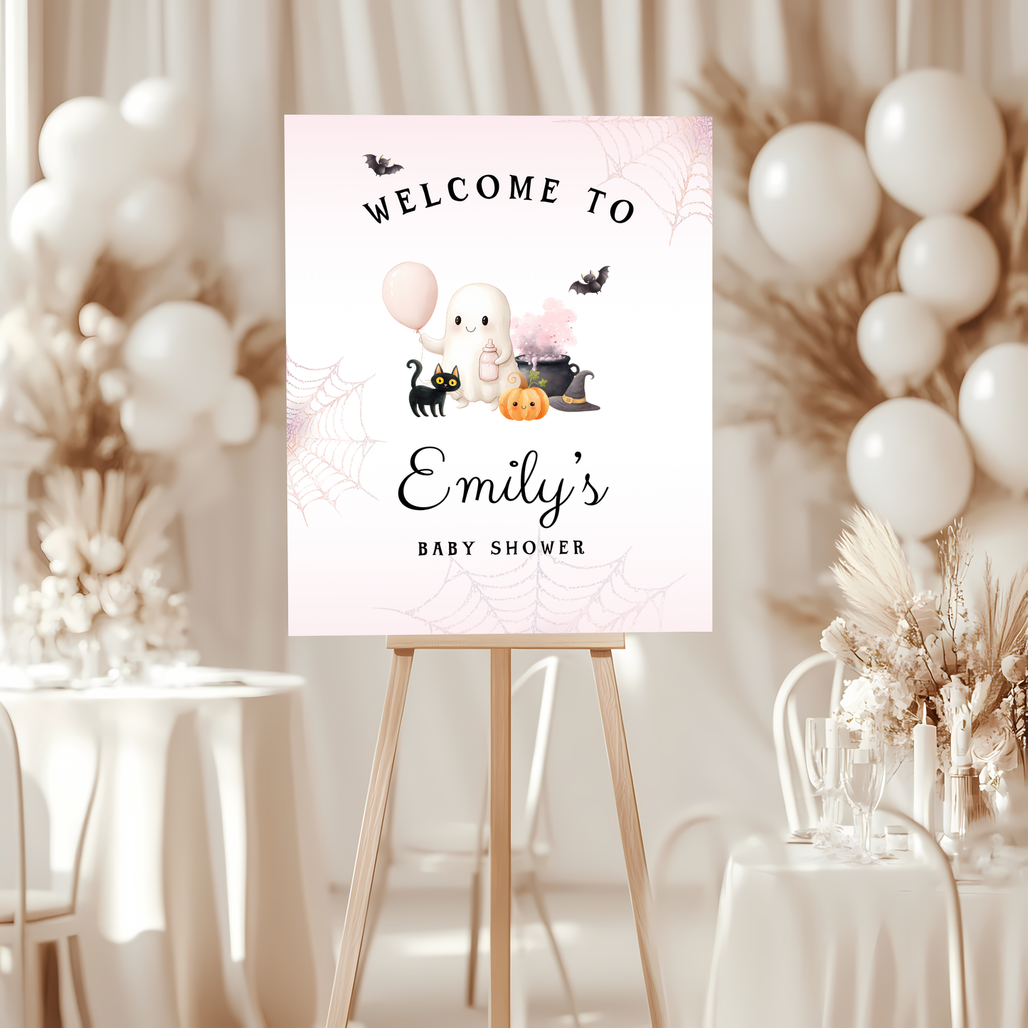 Baby Shower Welcome Sign - Pink Halloween Little Boo with Cute Ghost BS190