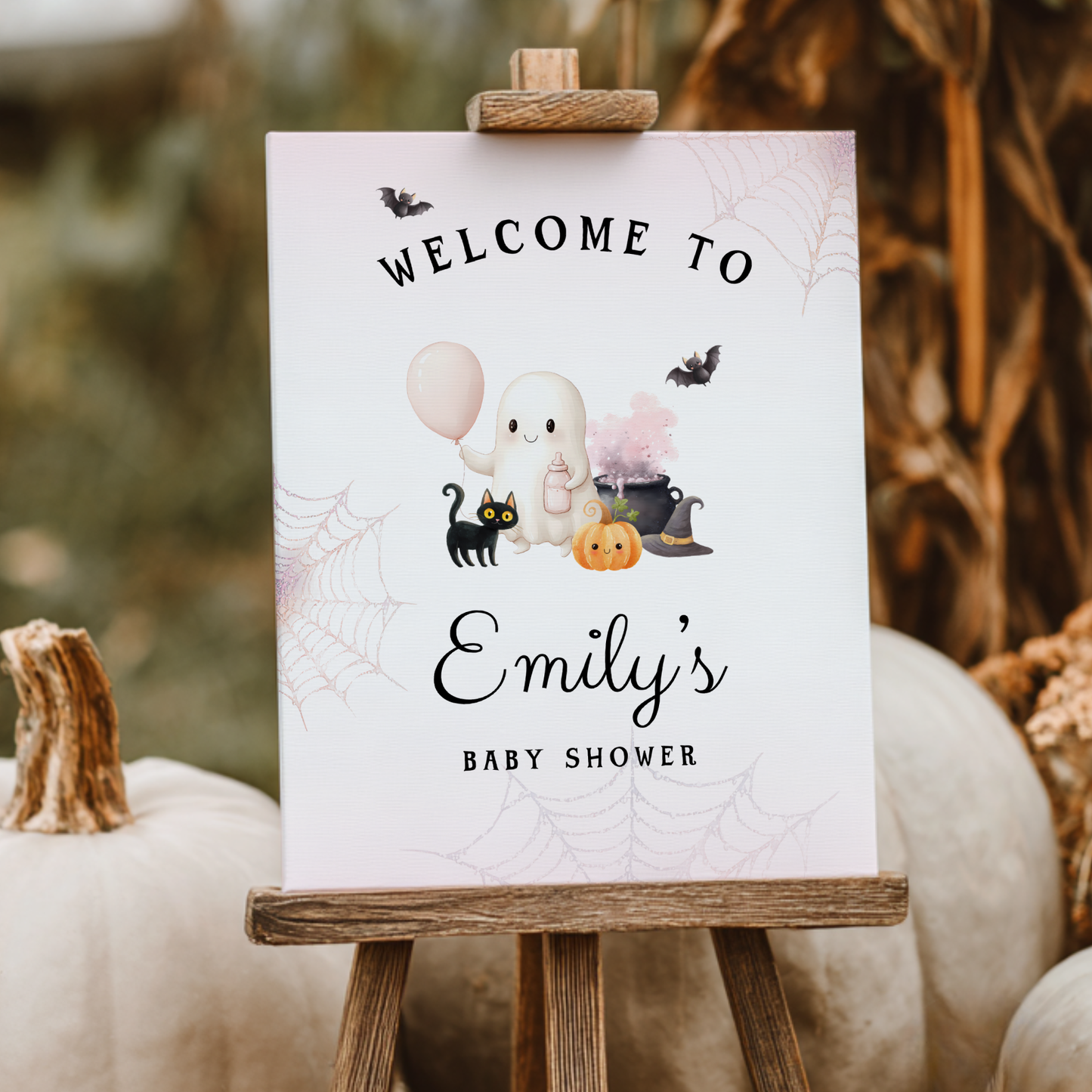 Baby Shower Welcome Sign - Pink Halloween Little Boo with Cute Ghost BS190