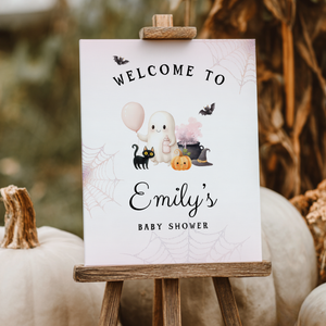 Baby Shower Welcome Sign - Pink Halloween Little Boo with Cute Ghost BS190