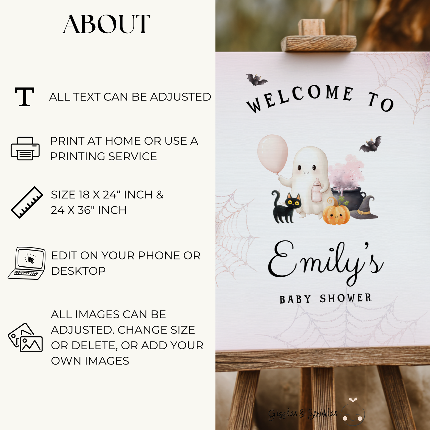 Baby Shower Welcome Sign - Pink Halloween Little Boo with Cute Ghost BS190