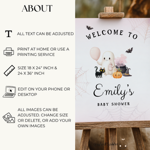 Baby Shower Welcome Sign - Pink Halloween Little Boo with Cute Ghost BS190