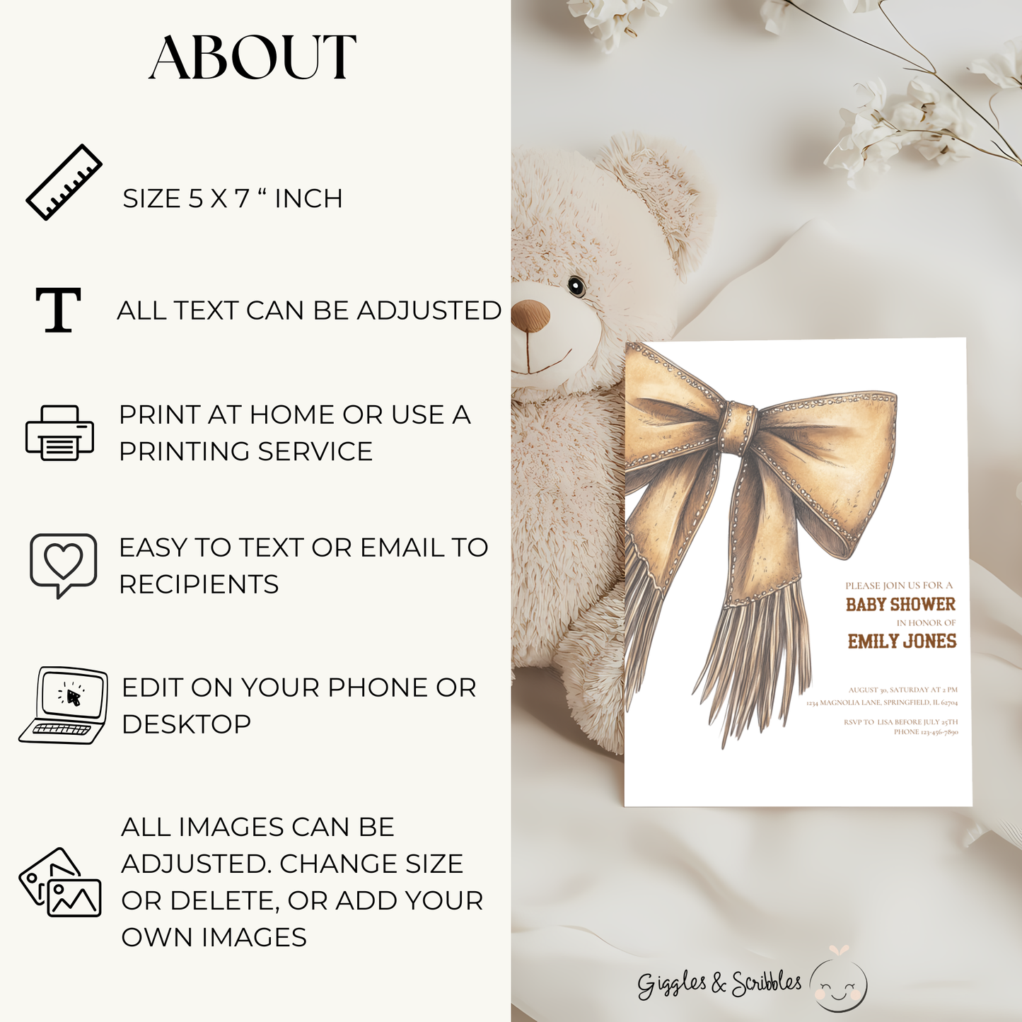 Baby Shower Invitation - Western Bow Boho Cowgirl Cowboy BS77