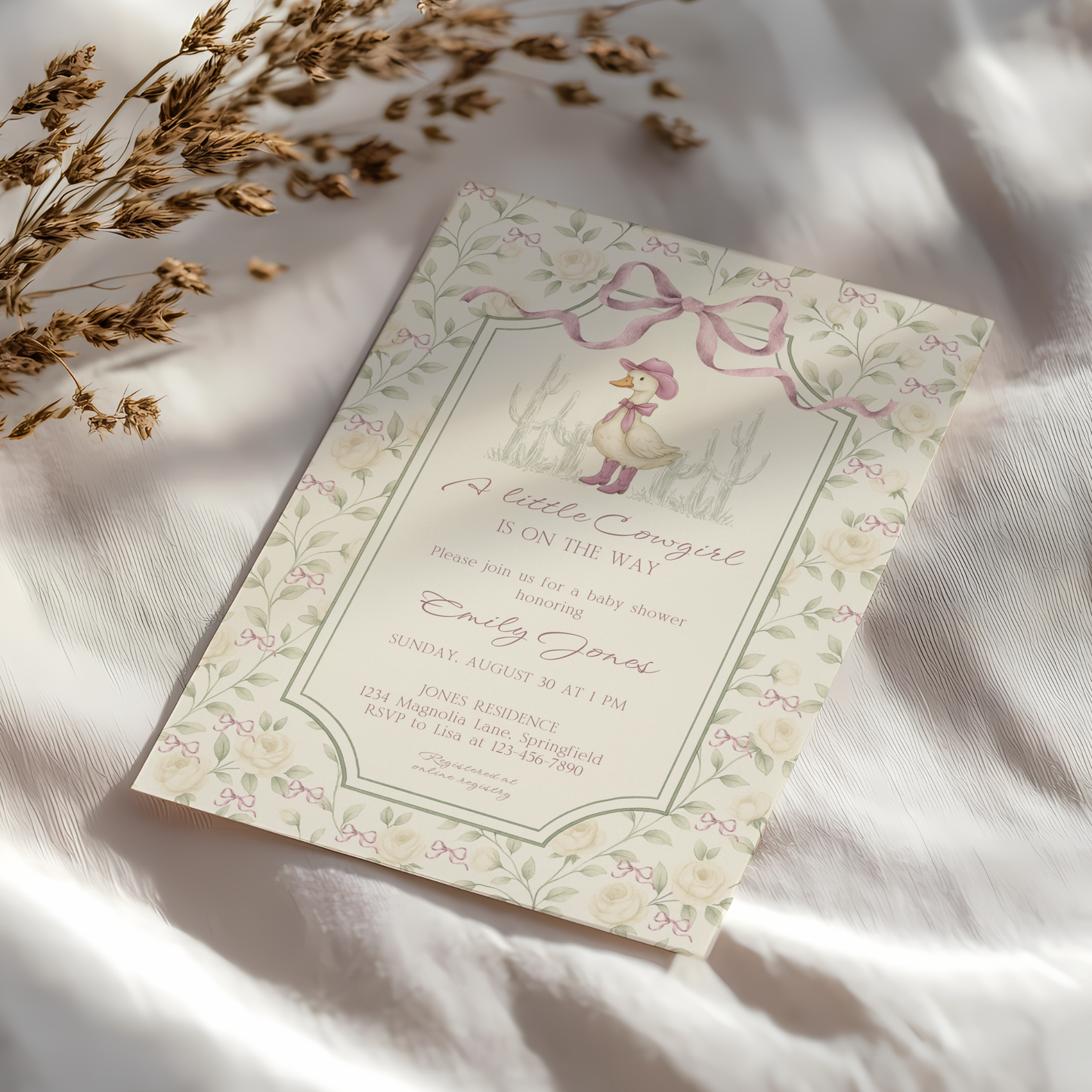 Baby Shower Invitation - Vintage Little Cowgirl Silly Goose Grandmillennial Coquette BS150