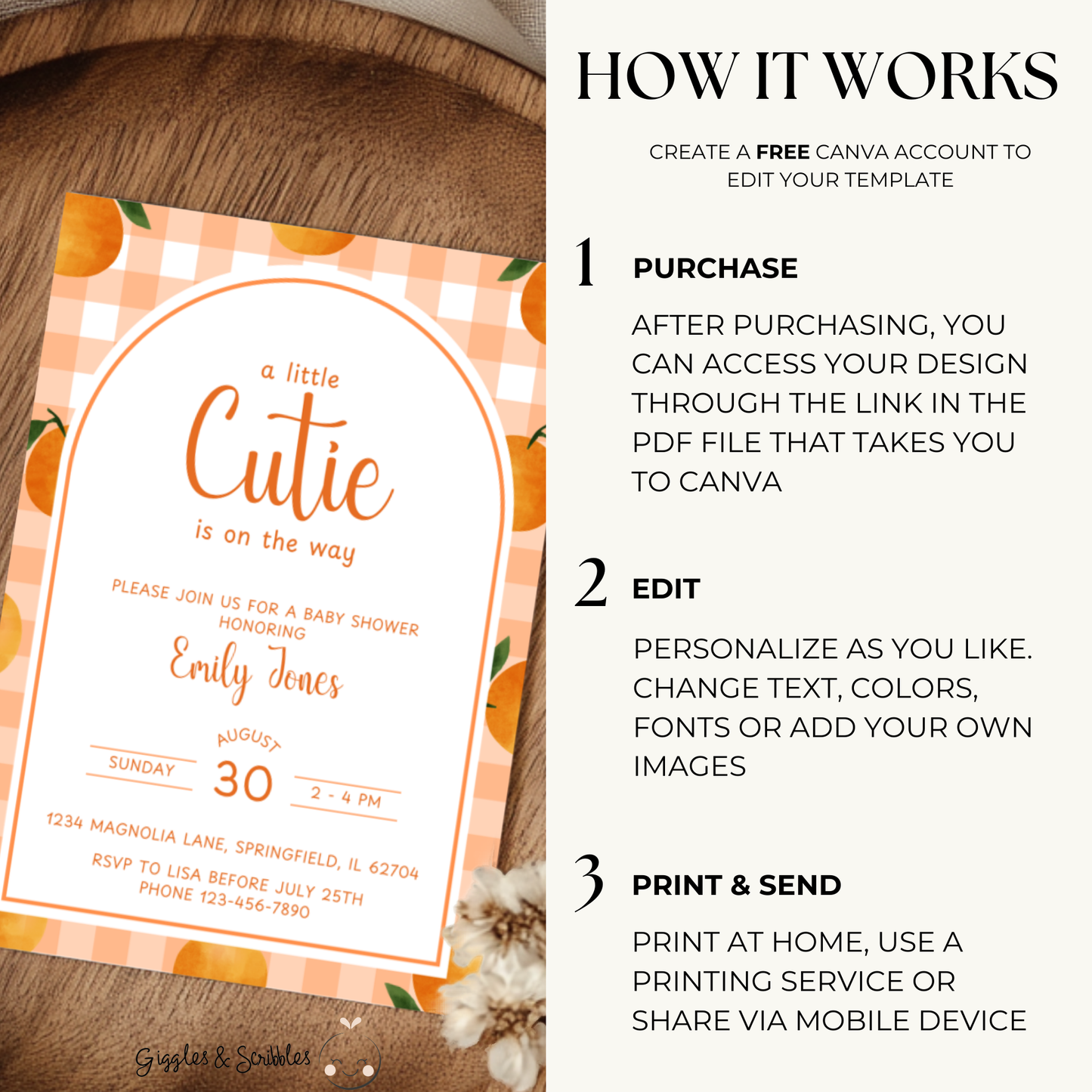 Baby Shower Invitation - Little Cutie Orange Citrus Gingham BS109