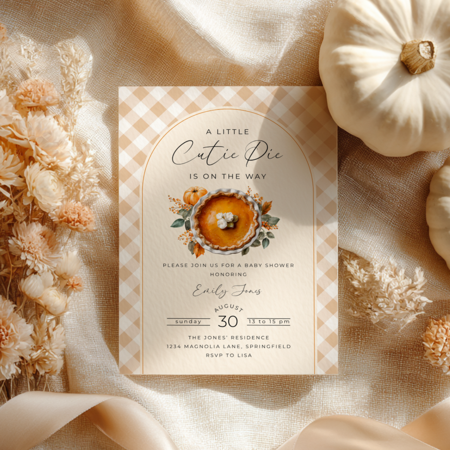 Baby Shower Invitation - A Little Cutie Pie Is On The Way Fall Pumpkin Pie BS207
