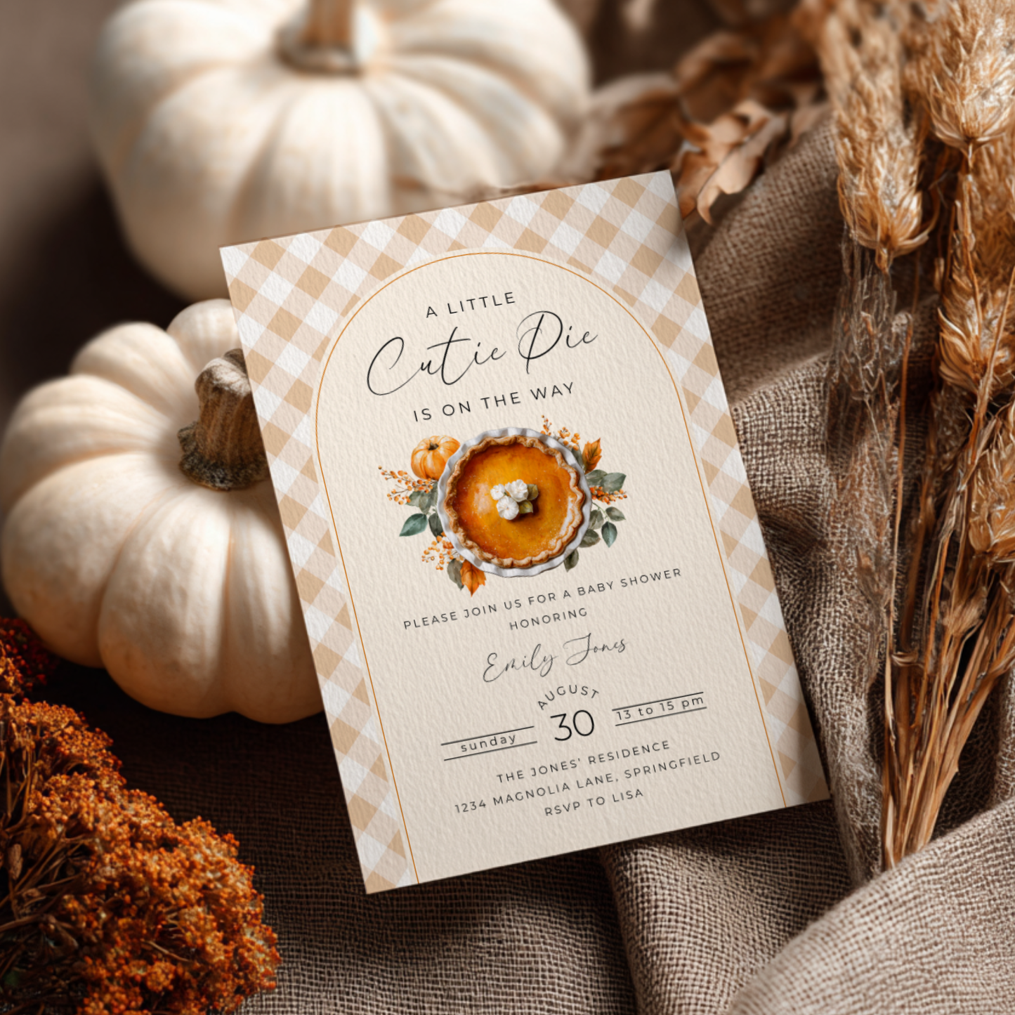 Baby Shower Invitation - A Little Cutie Pie Is On The Way Fall Pumpkin Pie BS207