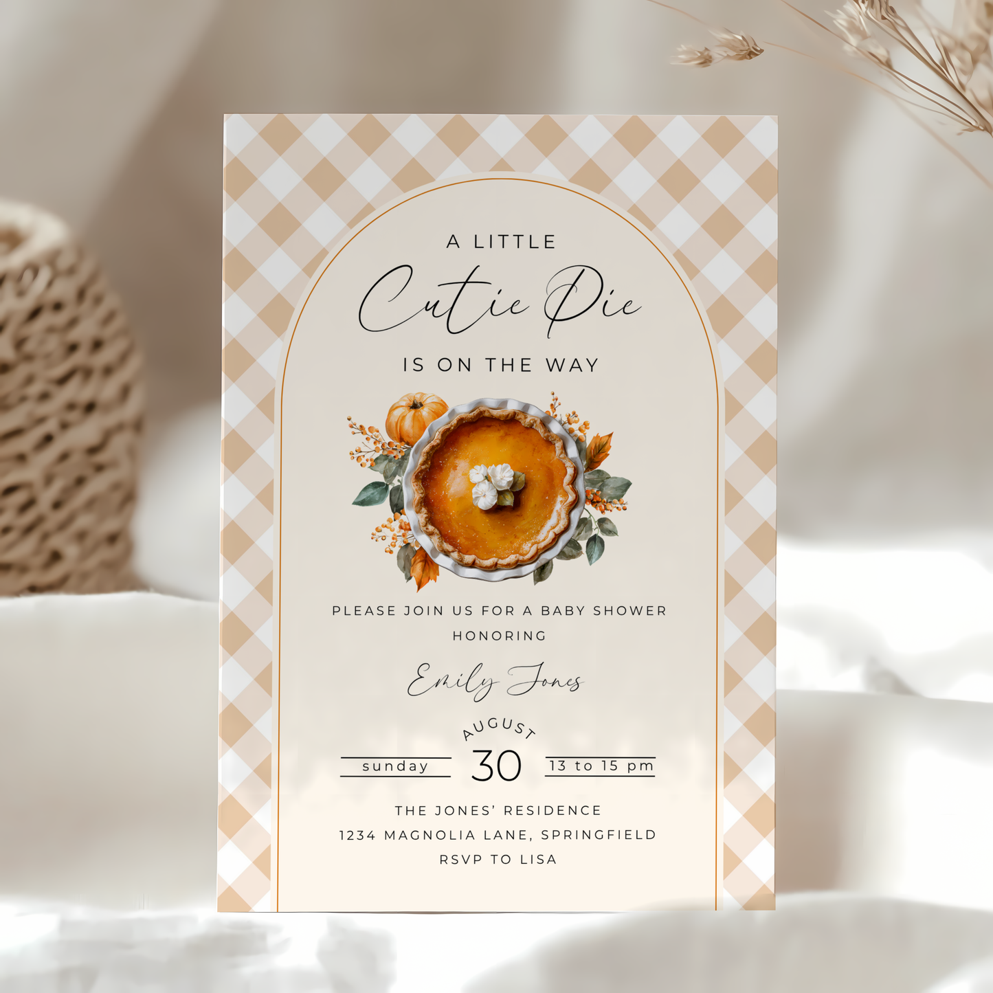 Baby Shower Invitation - A Little Cutie Pie Is On The Way Fall Pumpkin Pie BS207