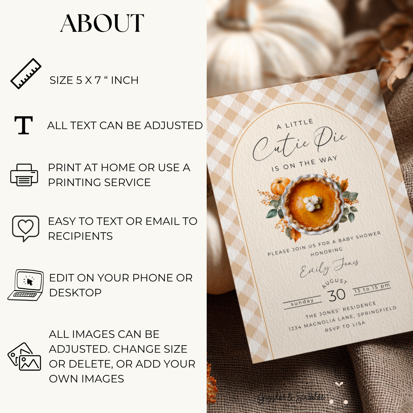 Baby Shower Invitation - A Little Cutie Pie Is On The Way Fall Pumpkin Pie BS207