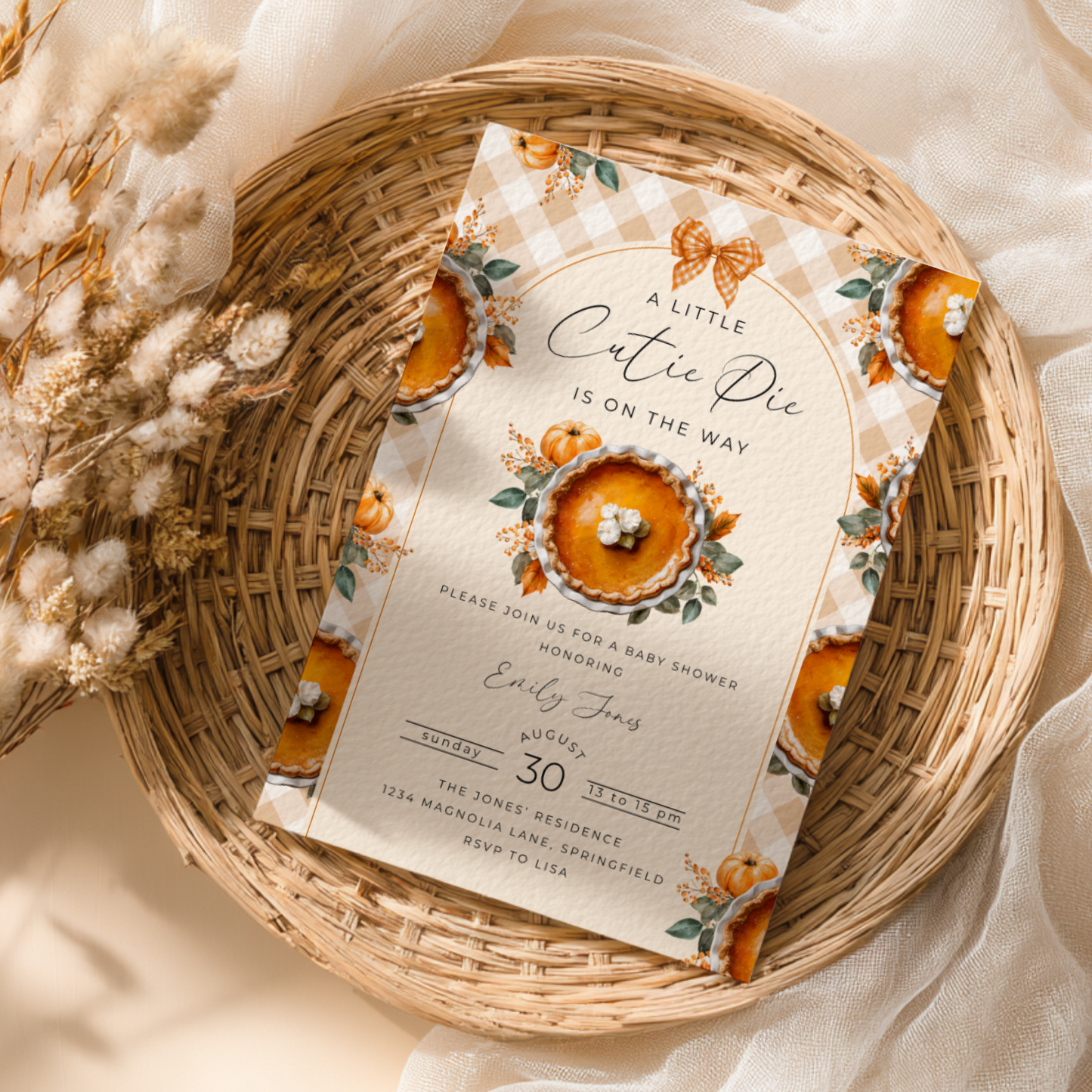 Baby Shower Invitation - Little Cutie Pie Gingham Pumpkin BS207