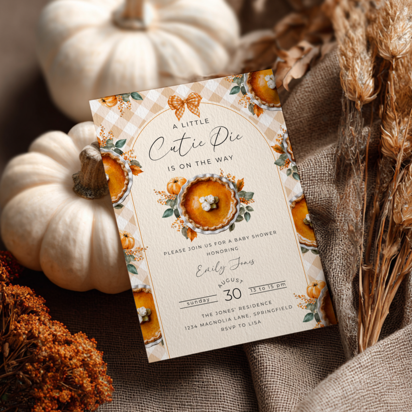 Baby Shower Invitation - Little Cutie Pie Gingham Pumpkin BS207