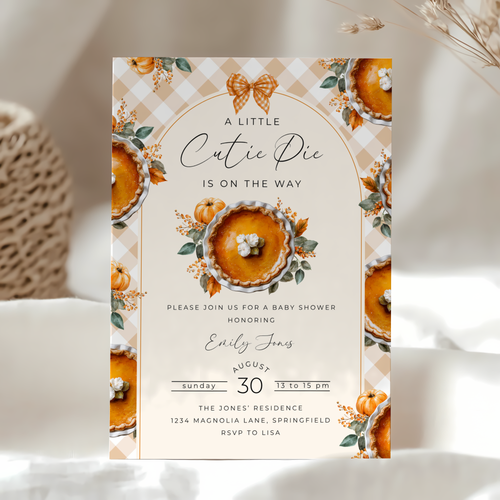 Baby Shower Invitation - Little Cutie Pie Gingham Pumpkin BS207