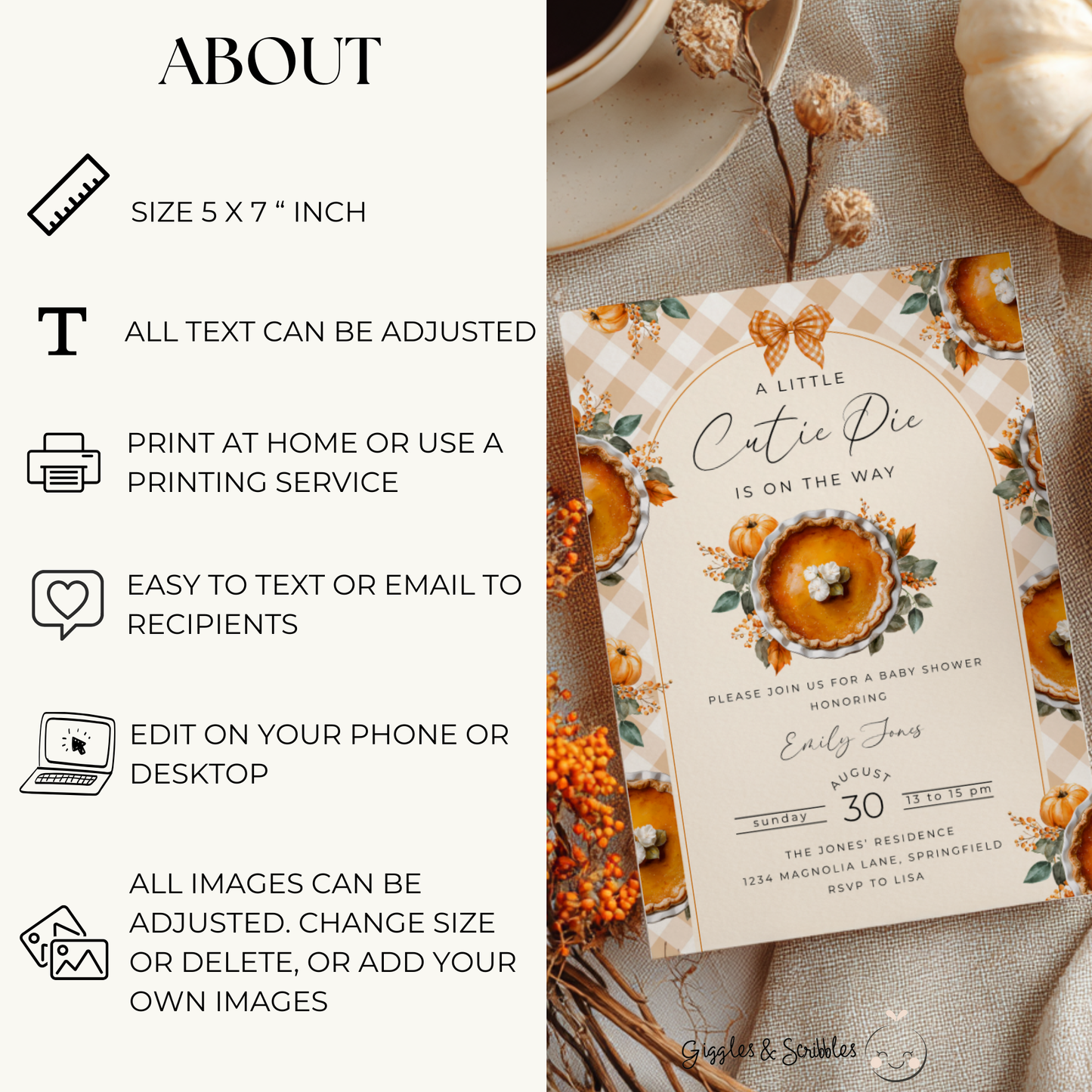 Baby Shower Invitation - Little Cutie Pie Gingham Pumpkin BS207