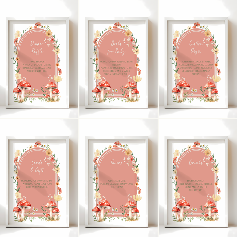 Baby Shower Table Sign Bundle - Red Mushroom Little Fungi Woodland Forest BS82