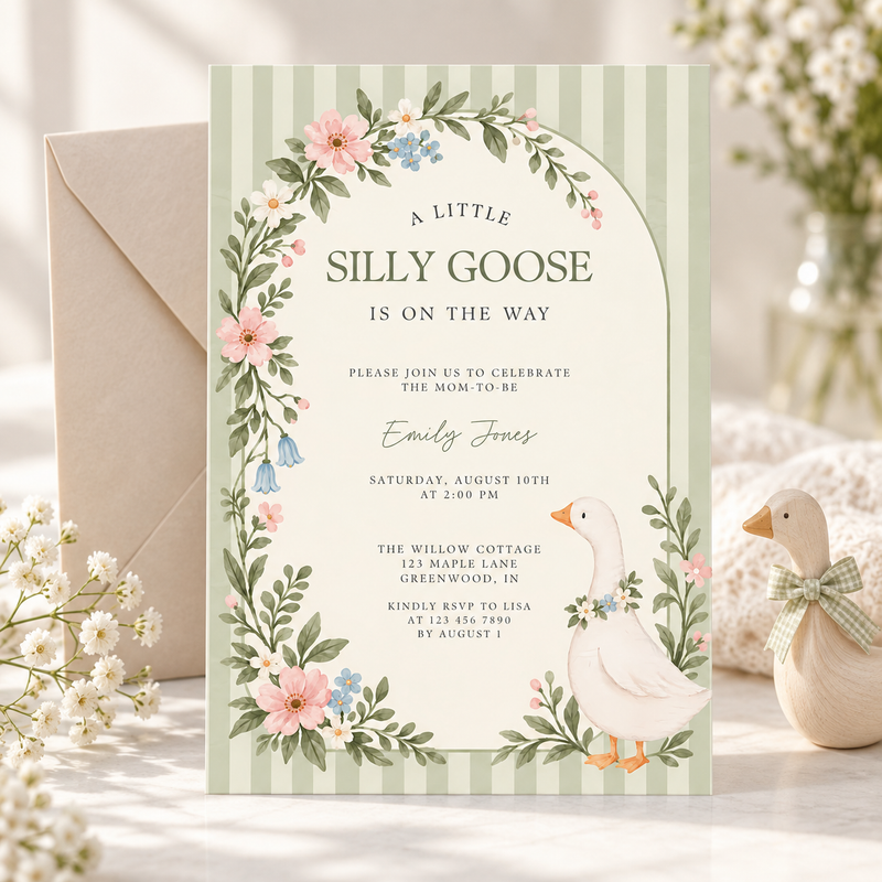 Green Little Goose Baby Shower Invitation BS334