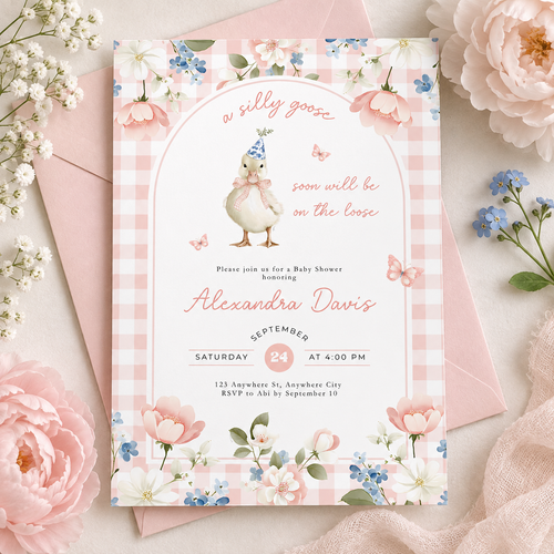 Pink Gingham Silly Goose Baby Shower Invitation L96