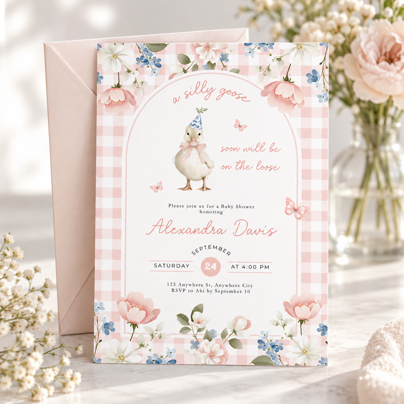 Pink Gingham Silly Goose Baby Shower Invitation L96