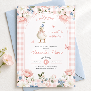 Pink Gingham Silly Goose Baby Shower Invitation L96