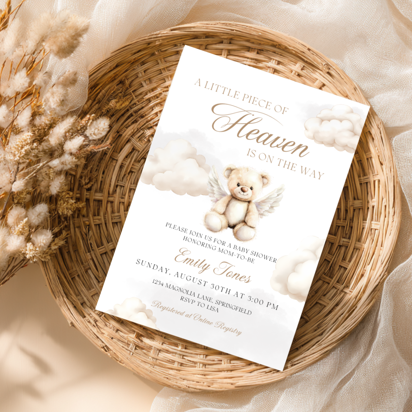 Baby Shower Invitation - Little Piece Of Heaven Bear with Angel Wings BS172
