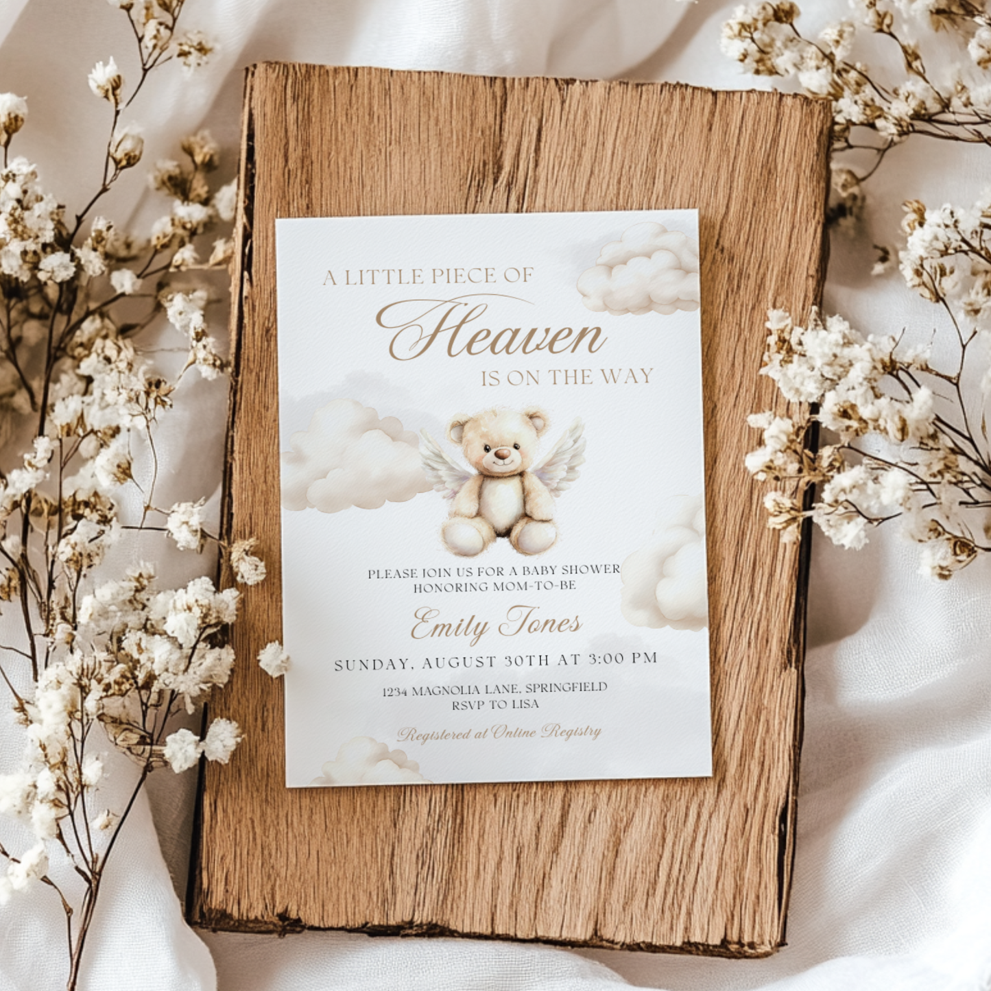 Baby Shower Invitation - Little Piece Of Heaven Bear with Angel Wings BS172