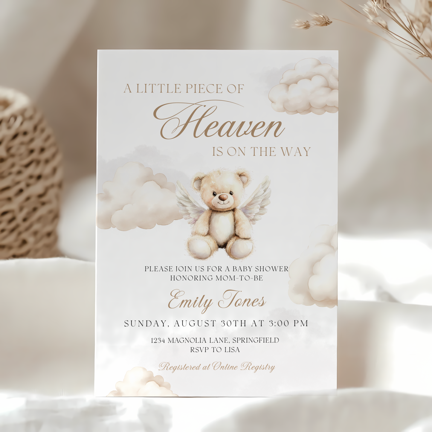 Baby Shower Invitation Bundle - Little Piece Of Heaven Beige Heaven Sent Teddy Bear BS172