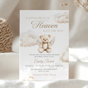 Baby Shower Invitation Bundle - Little Piece Of Heaven Beige Heaven Sent Teddy Bear BS172