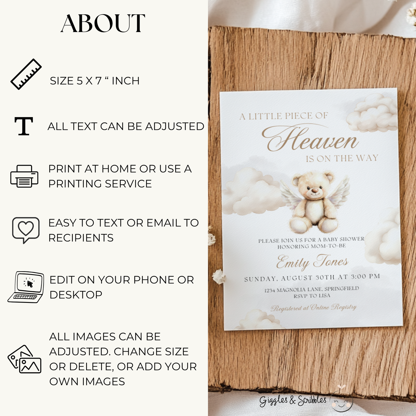 Baby Shower Invitation - Little Piece Of Heaven Bear with Angel Wings BS172