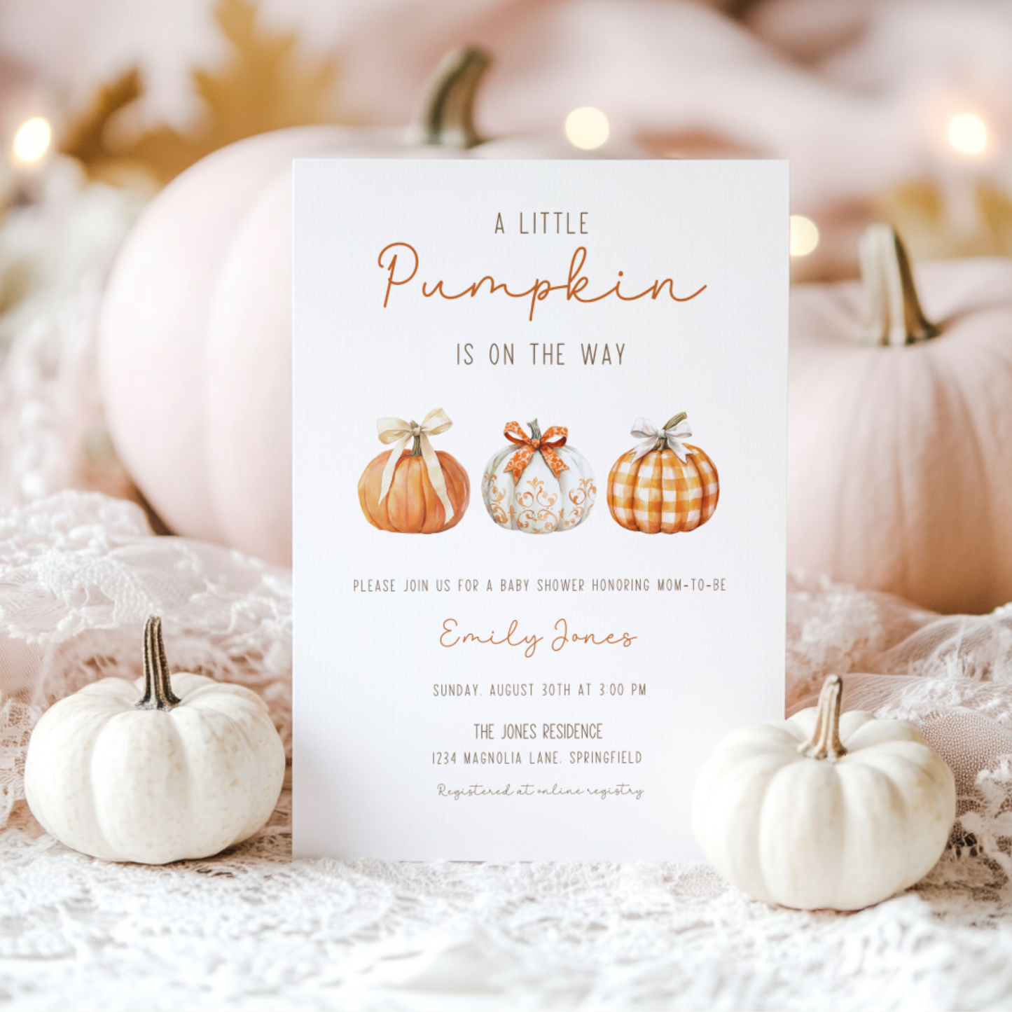 Baby Shower Invitation - Little Pumpkin On The Way Minimalist Gingham Fall BS180