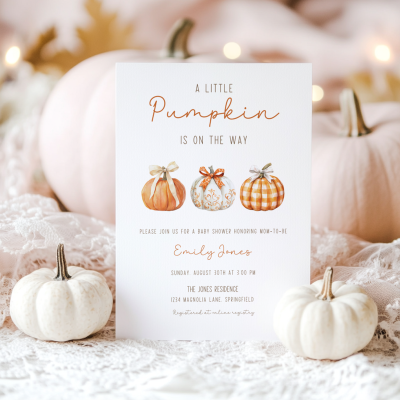 Baby Shower Invitation - Little Pumpkin On The Way Minimalist Gingham Fall BS180
