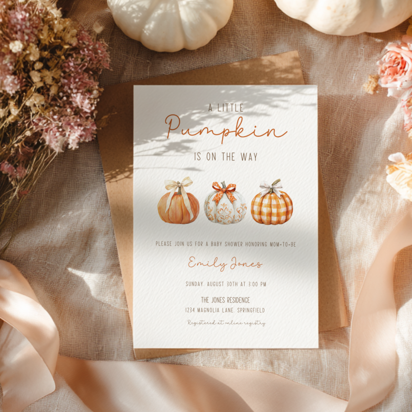 Baby Shower Invitation - Little Pumpkin On The Way Minimalist Gingham Fall BS180