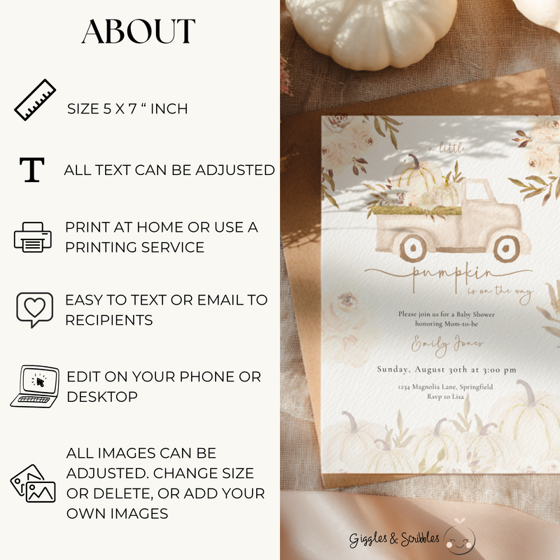 Baby Shower Invitation - A Little Pumpkin Is On The Way Beige & Gold Rustic Boho BS166