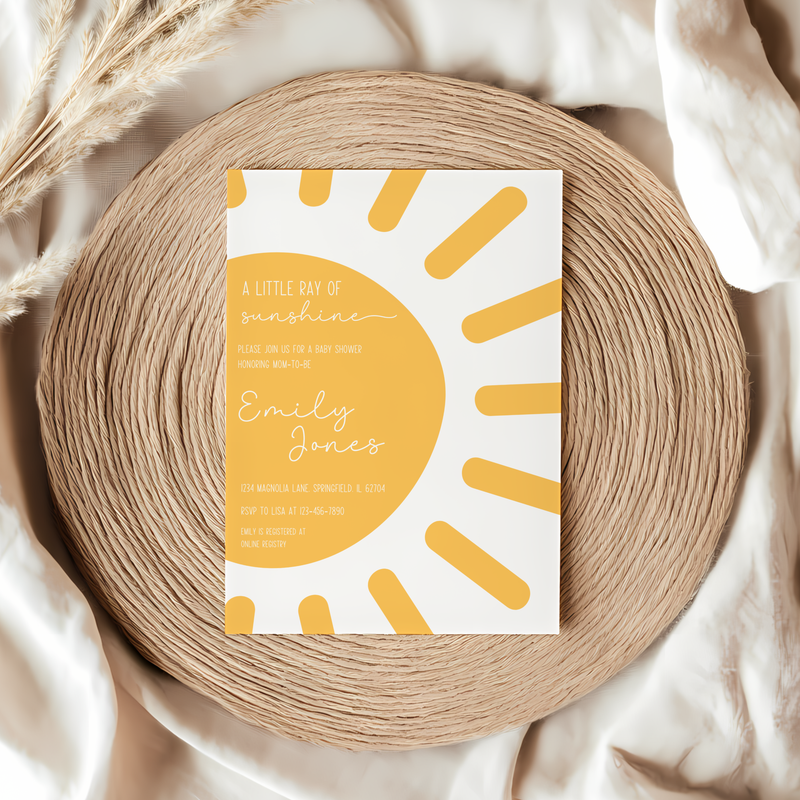 Baby Shower Invitation - Sun Little Ray of Sunshine Modern Minimalist Yellow Gender Neutral BS130