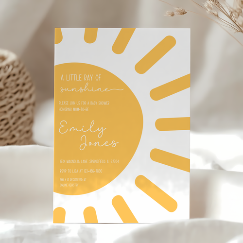 Baby Shower Invitation - Sun Little Ray of Sunshine Modern Minimalist Yellow Gender Neutral BS130